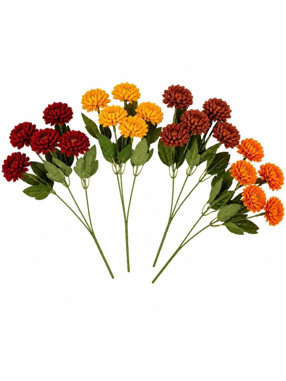 Artificial Fall Mums Set of 4, 11 Inch Faux Autumn Flowers, Red Yellow Rust Oran